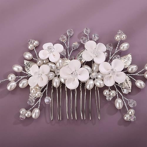 Miniatura 4 de Peine de pelo de boda de flores, hojas de novia, perlas, peine lateral dorado y plateado con perlas de cristal, accesorios para el cabello para