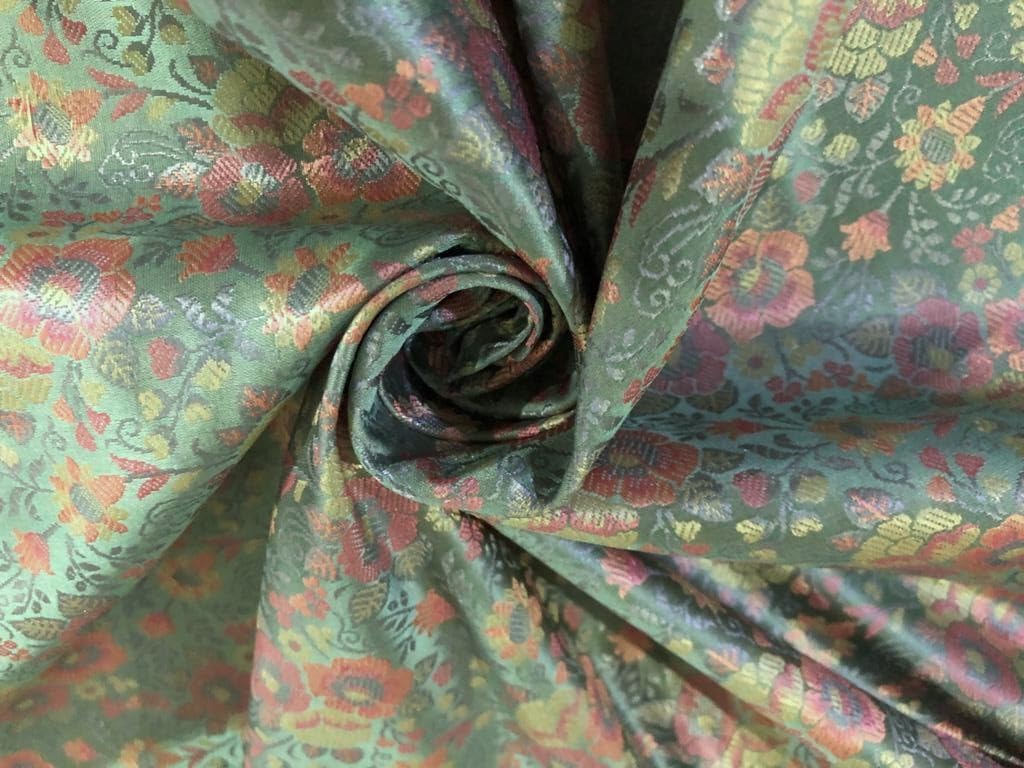 Tissu brocart de soie vert mer et pêche | Idéal pour haute couture
