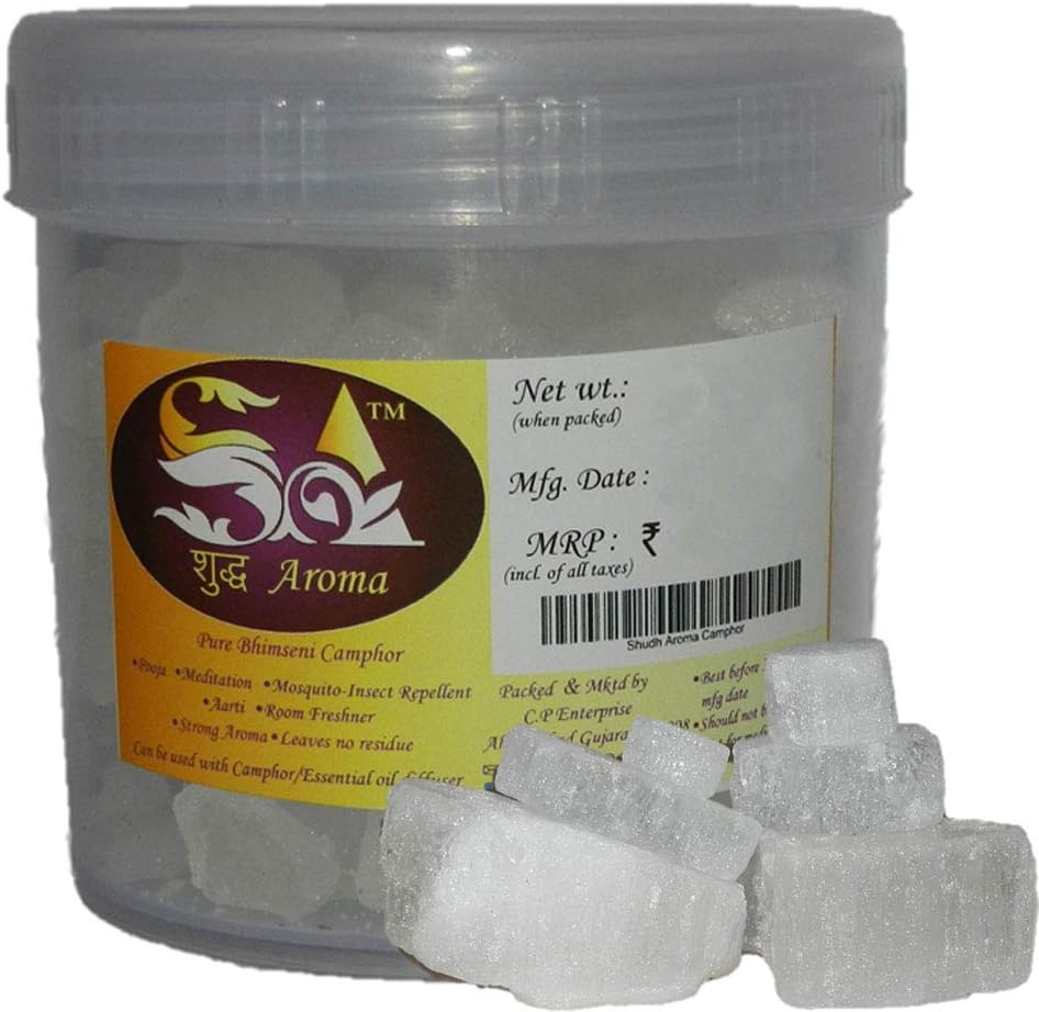"Shudh Aroma Premium Desi Bhimseni Camphor | Kapur | Kapoor | Kappuram for Pooja, Pacha Karpooram- Meditation, Havan, Room Freshener, Mosquito - Insect Repellent -50 gram
