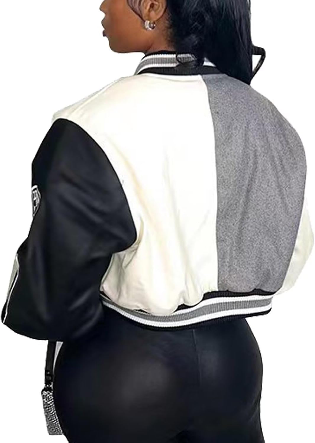 Womens Varsity Jacket Cropped Bomber Jacket Casual Baseball Coat Streetwear | Long Sleeve Button Down Bright Letter Print Y2K Fashion Vintage Short School Outfit Outerwear,Daily Wear,Sport Active