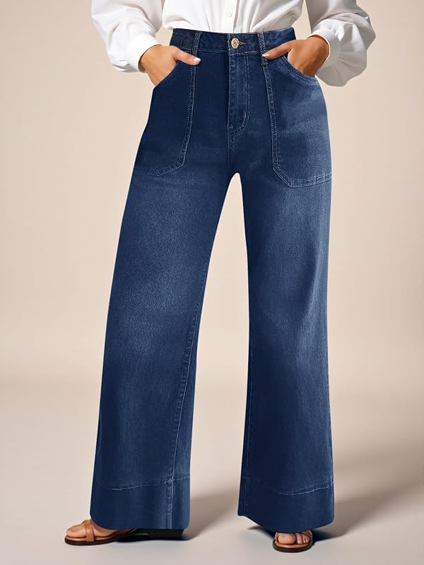 Cicy Bell Womens Wide Leg Jeans Baggy Casual High Waisted Boyfriend Loose Denim Pants with Pockets Blue by Cicy Bell - Image 4