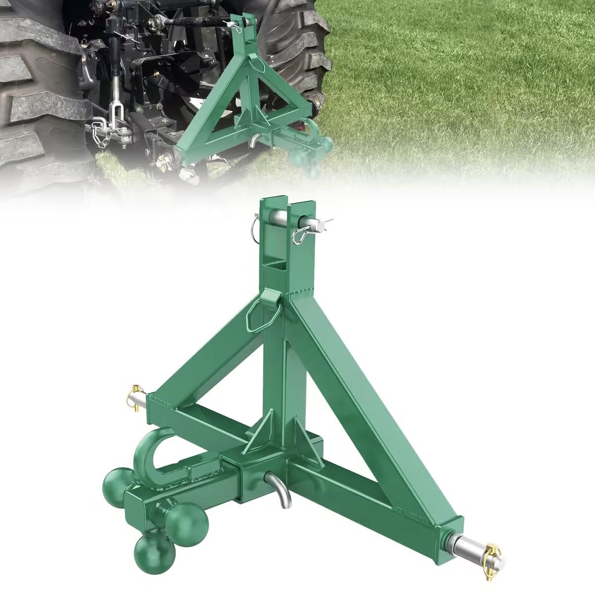 3-Punkt Anhängerkupplung mit Kugelkopf für Traktor, Empfänger 5,1 cm (2 Zoll), Kohlenstoffstahl pulverbeschichtet, Dreipunkt Schnellkupplung Adapter, Grün |