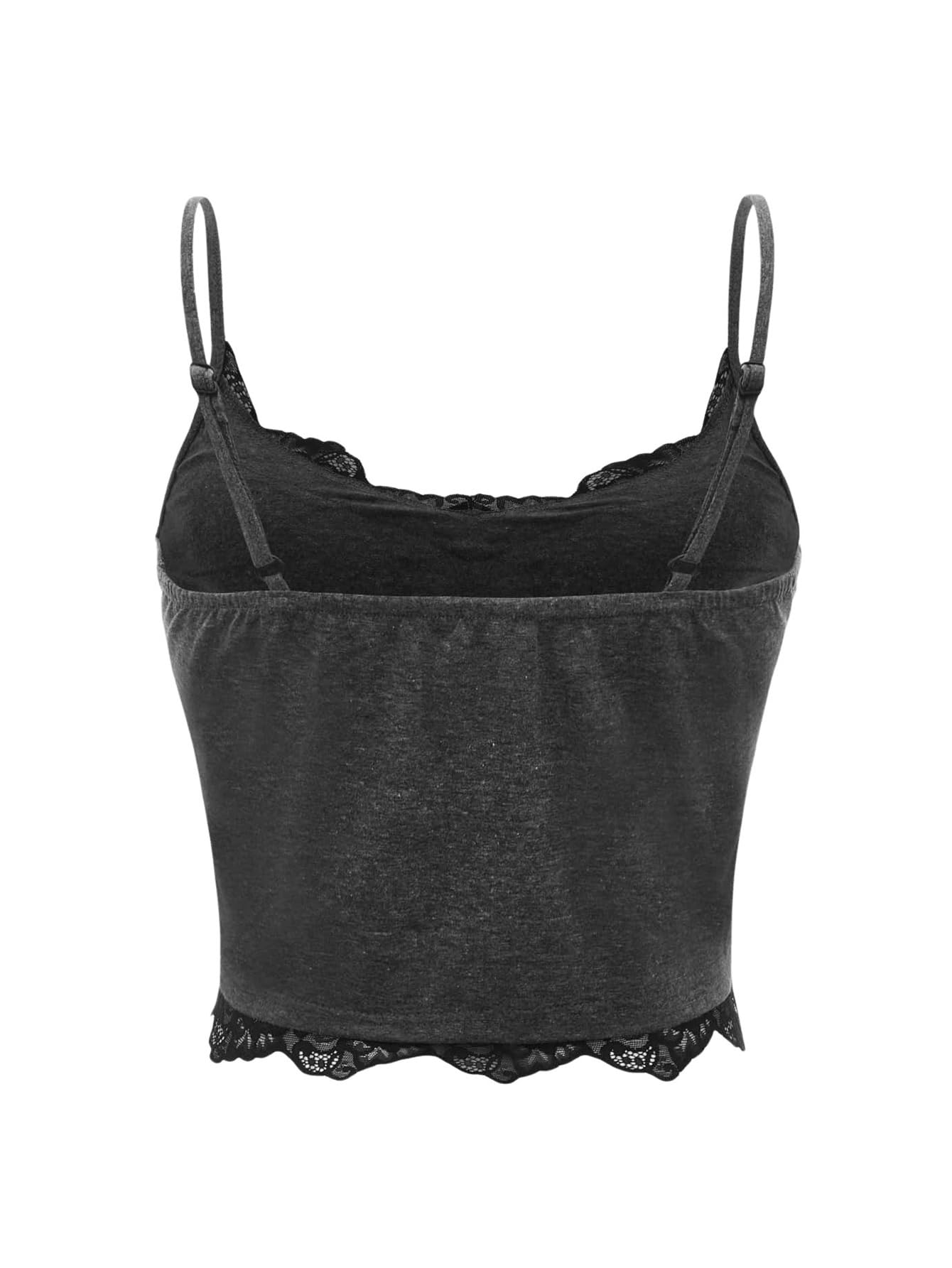 SHENHE Women's Butterfly Skull Print Contrast Lace Spaghetti Strap Sleeveless Cami Tank Crop Tops: Large Grey