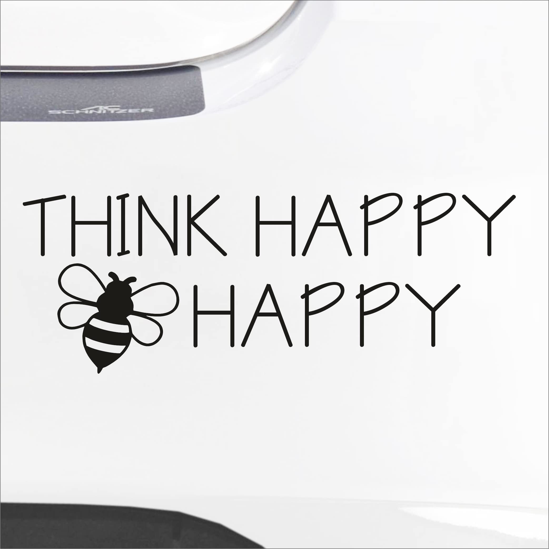 Level 33 Black Think Happy Bee Happy - Funny Vinyl Decal - Will Apply To Most Surfaces - Guitars, Vehicles, Laptops, Glass Camper Bumper Sign Decal 15Cm X 5.5Cm