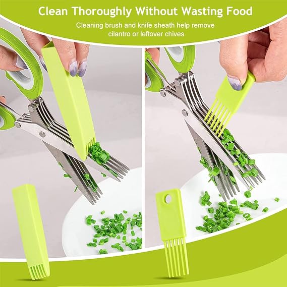 Kitchen Herb Scissors,5 Blade Herb Cutter,Shredding Scissors,Kitchen Herb Shears,Onion Slicer Holder,Stainless Steel Onion Chopper with Lid and Cleanup Brush for Chopping Basil,Chives,Oregano,Rosemary