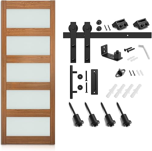 Miniatura 5 de SmartStandard Puerta de granero de vidrio de 28 x 84 pulgadas con kit de herrajes deslizantes de 5 pies y asa, preperforada lista para montar,
