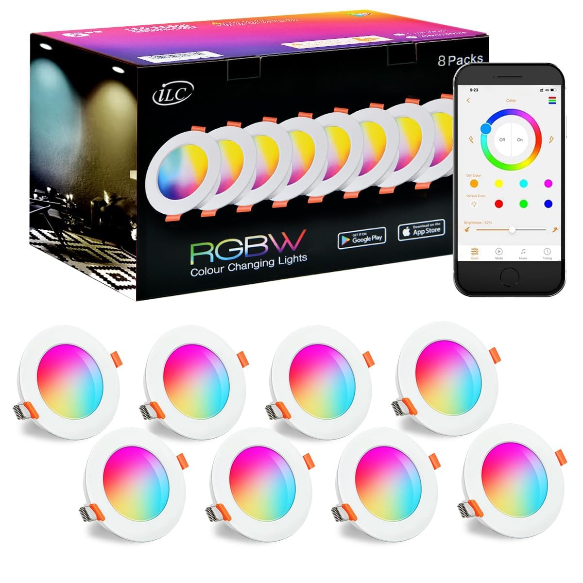 iLC Reflektory LED do zabudowy 8 W (odpowiednik 60 W) Wycięcie - 68-85 mm, praca z Alexą (wymagane jest urządzenie Echo), IP44 Okrągły reflektor wpuszczany CCT + RGB sterowany aplikacją (zestaw 8