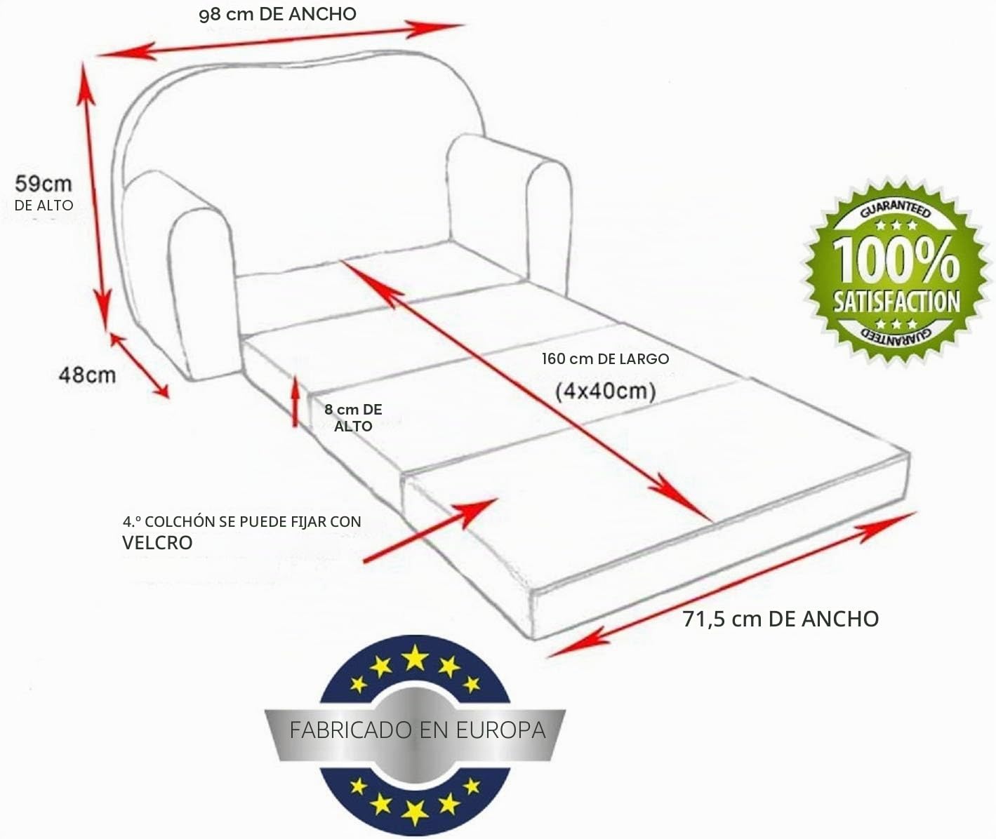 Sofá Cama Infantil 2 Plazas Convertible Plegable AC1 Gris con Puf