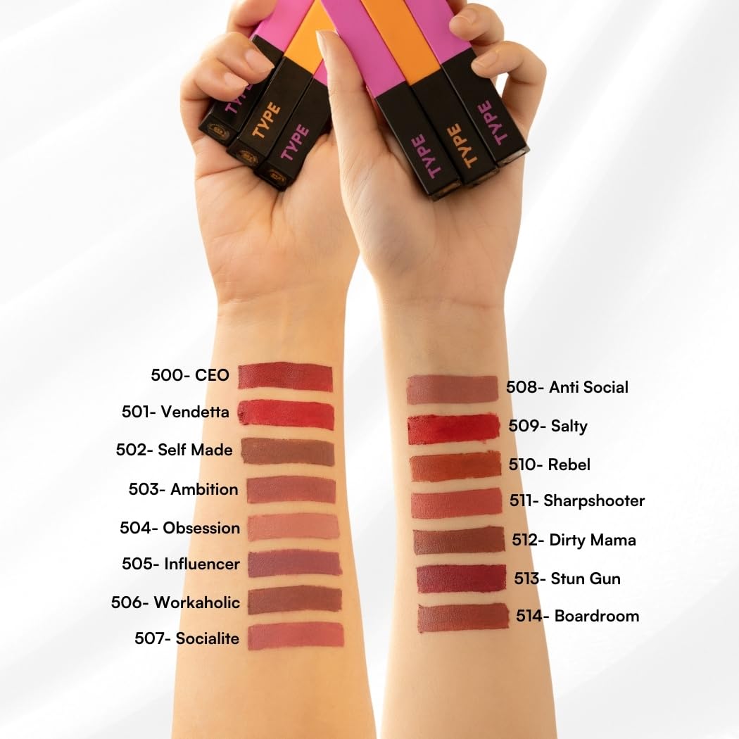 TYPE BEAUTY INC. Cream Matte Lipstick For Dry & Dehydrated Lips with Squalane & Tripeptides | Long Lasting upto 8 Hrs | Nourishes Lips & Great For Daily Use | For Women - Salty (509) | 2.5g 2