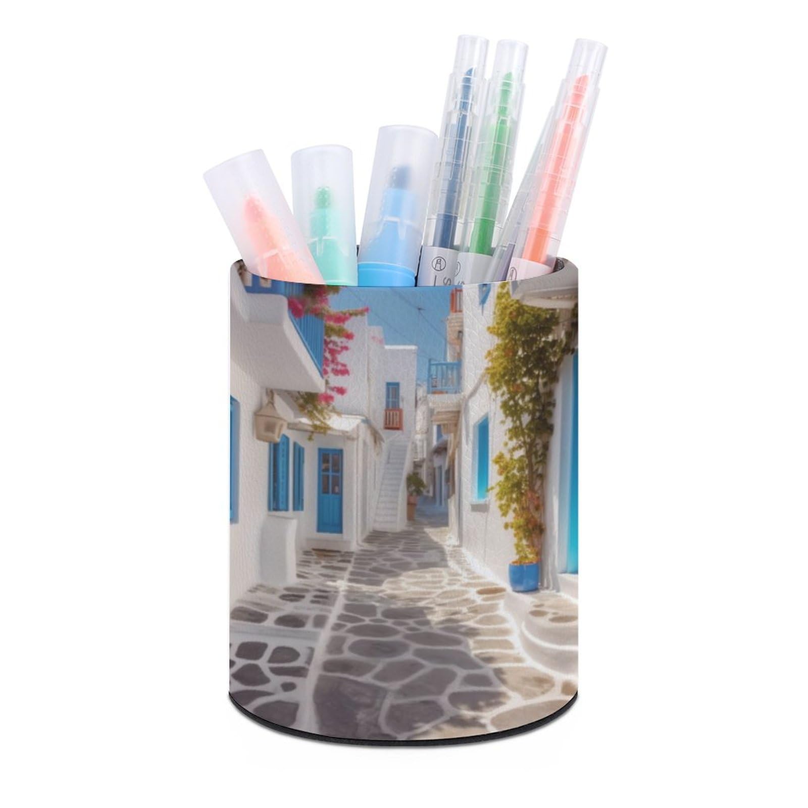 JTREHY Round Pen Holder,Greece Street Printed Makeup Brush Storage Box Desktop Stationery Storage Cup Office Accessories Storage Box Pencil Storage Box for Home Office Dressing Table