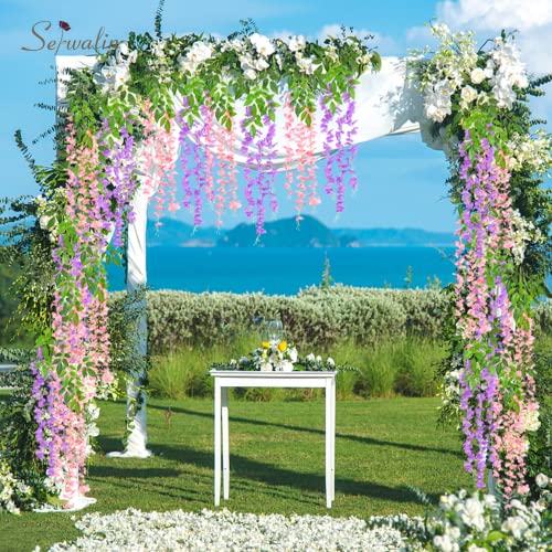 Serwalin Wisteria Hanging Flowers 24 Pack Artificial Flowers 3.75 Feet Fake Wisteria Garland Realistic Silk Wisteria Vine For Wedding Party Garden Wall Decoration, Pink And Purple #TOP1