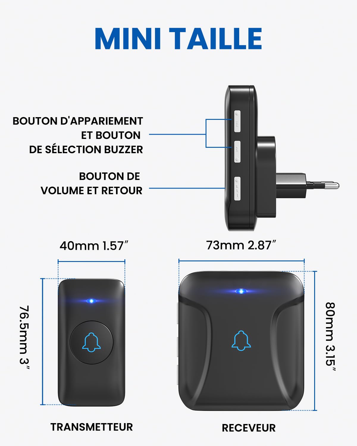 Sonnette Sans Fil, Kit Sonnette de Porte Sonnette Sans Fil Étanche IP55, Carillon de Porte Étanche à 150M Deux Emetteurs, avec 1 Récepteurs Enfichables, 40 Mélodies, 5 Niveaux de Volume