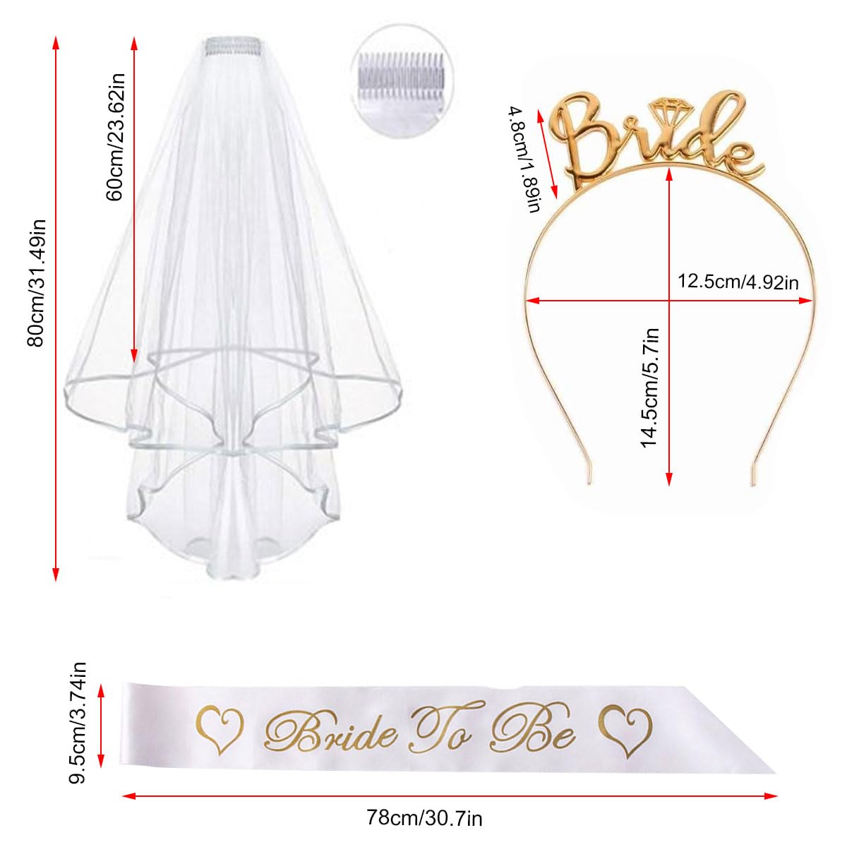 Set Addio Al Nubilato JETKONG: Corona Con Scritta BRIDE, Fascia 'Bride To Be' E Velo In Tulle - Argento, 3 Pezzi