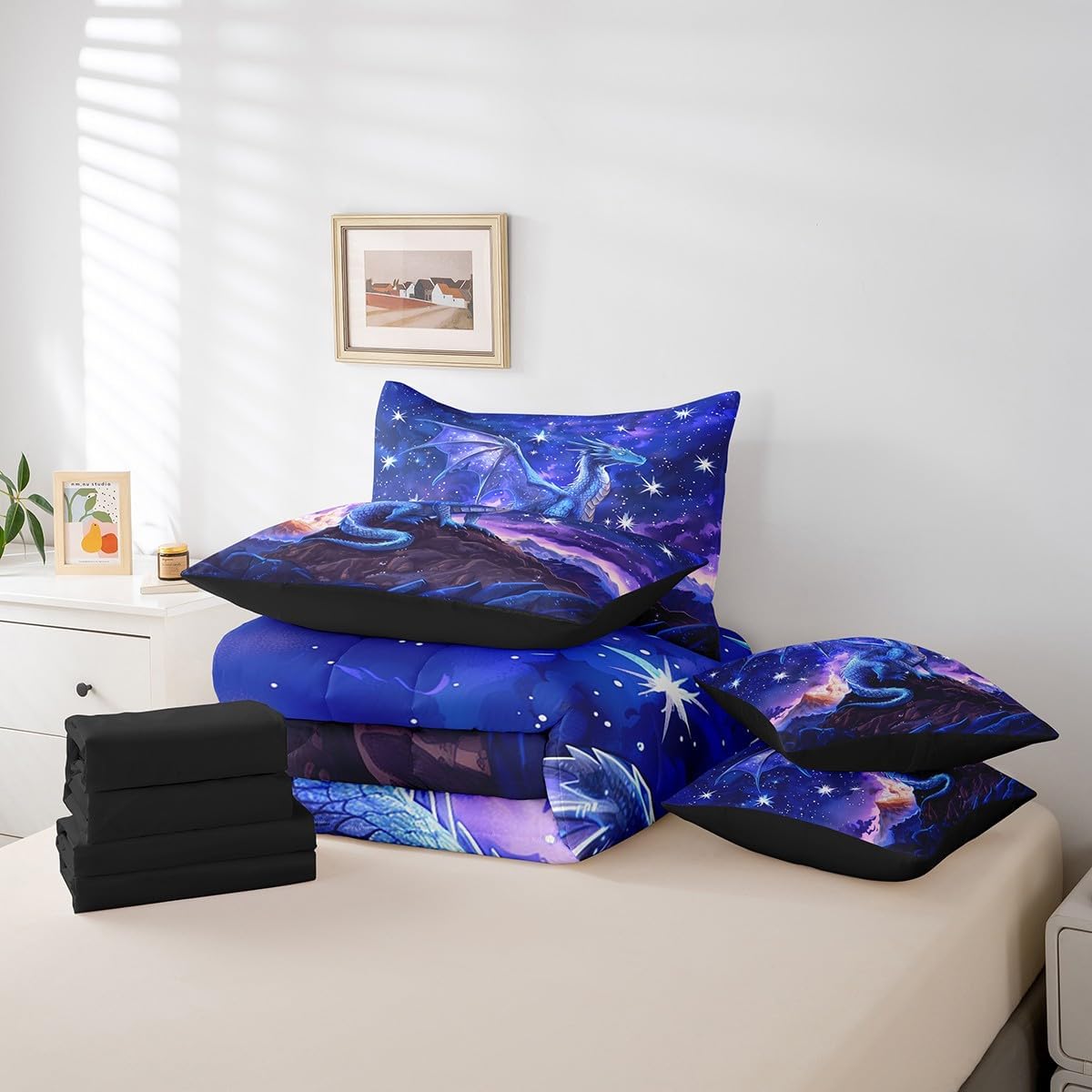 Homewish Twin Size 7 Piece Bedding Sets Dragon Comforter Set Galaxy Starry Sky Glitter Bed Sheet Purple Reversible Printed Quilt Set + Flat Sheet + Fitted Sheet + 2 Pillowcase + 2 Throw Pillow Covers