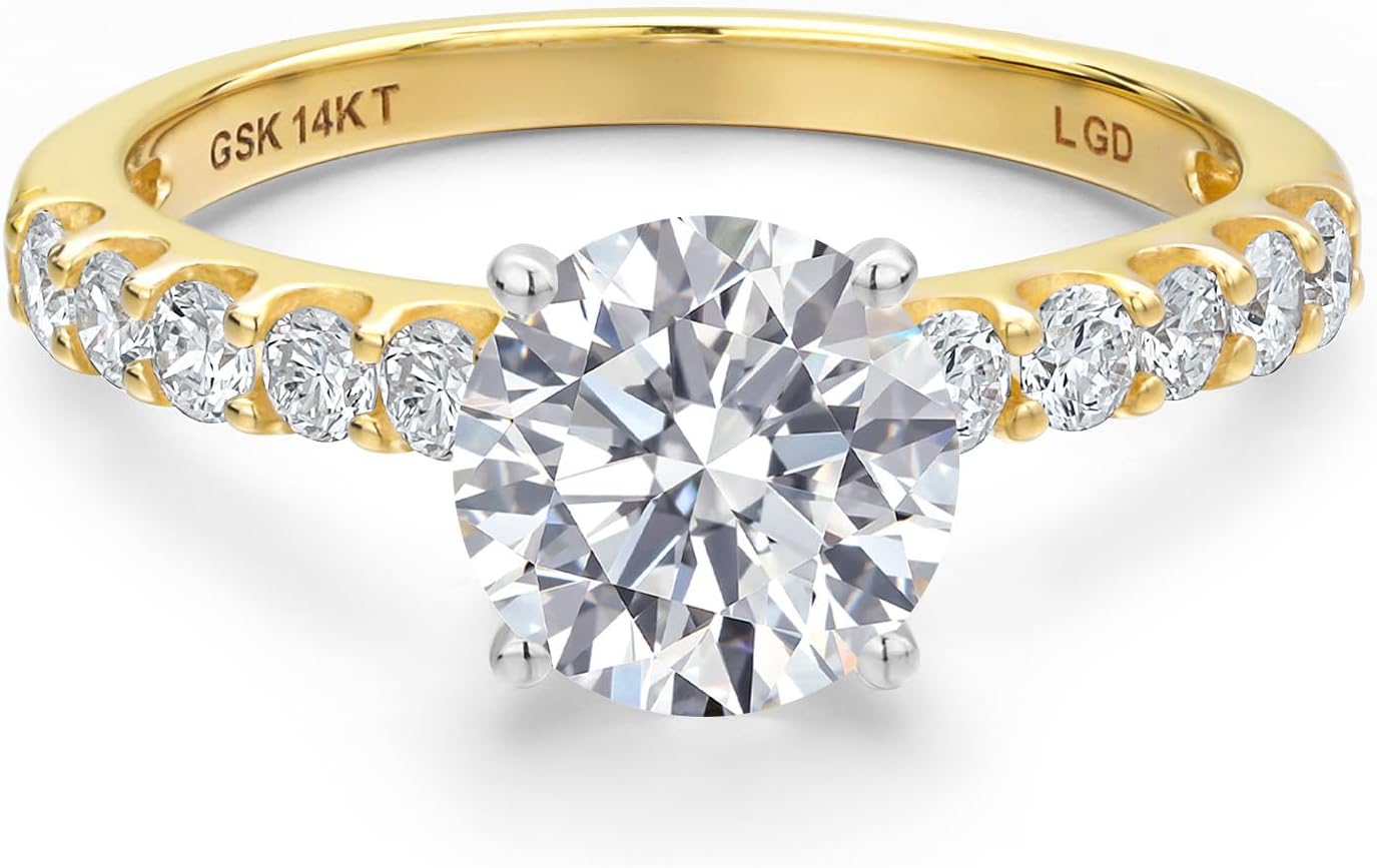 Gem Stone King 14K Two Tone Gold Gemstone Birthstone and White Lab Grown Diamond Engagement Ring For Women | Round 6MM and 2MM | Wedding Anniversary Promise Ring | Available in Size 5,6,7,8,9 - Image 3