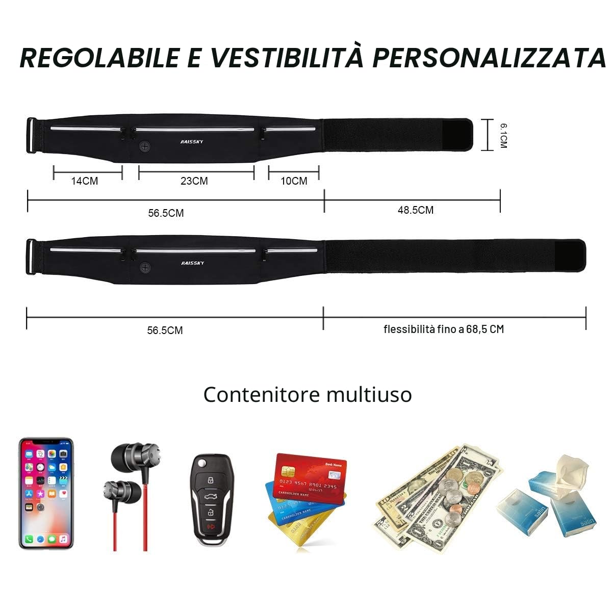 HAISSKY Cintura da Corsa con Cerniera e Foro per Cuffie, Marsupio per Telefoni Fino a 6,8 Pollici