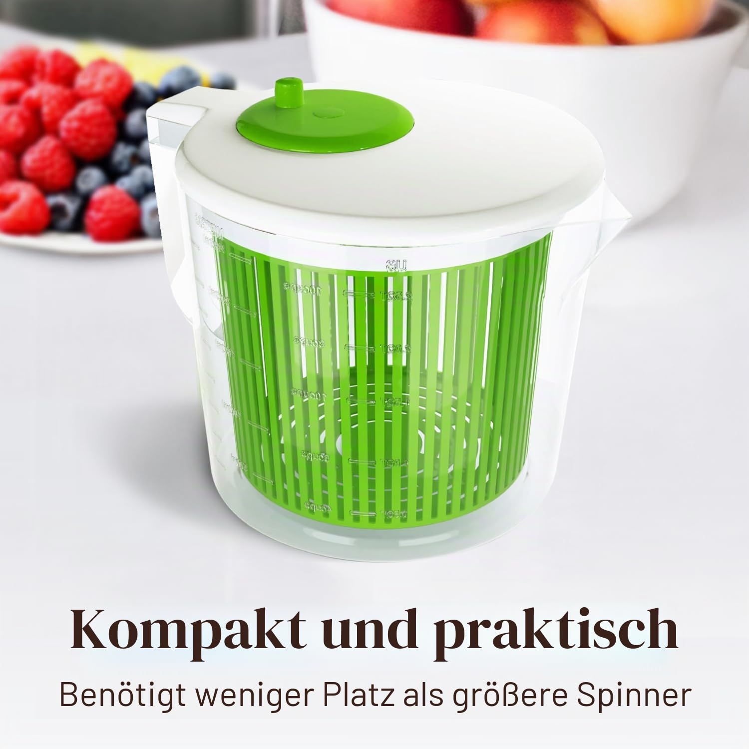 Cooler Kitchen Kleine Salatschleuder 2,5 Qt für Einzelportionen – Mini Salatschleuder und Trockner mit Messbecher – Sieb mit Waschkorb für Obst und Gemüse – Gemüsewascher Küchenhelfer