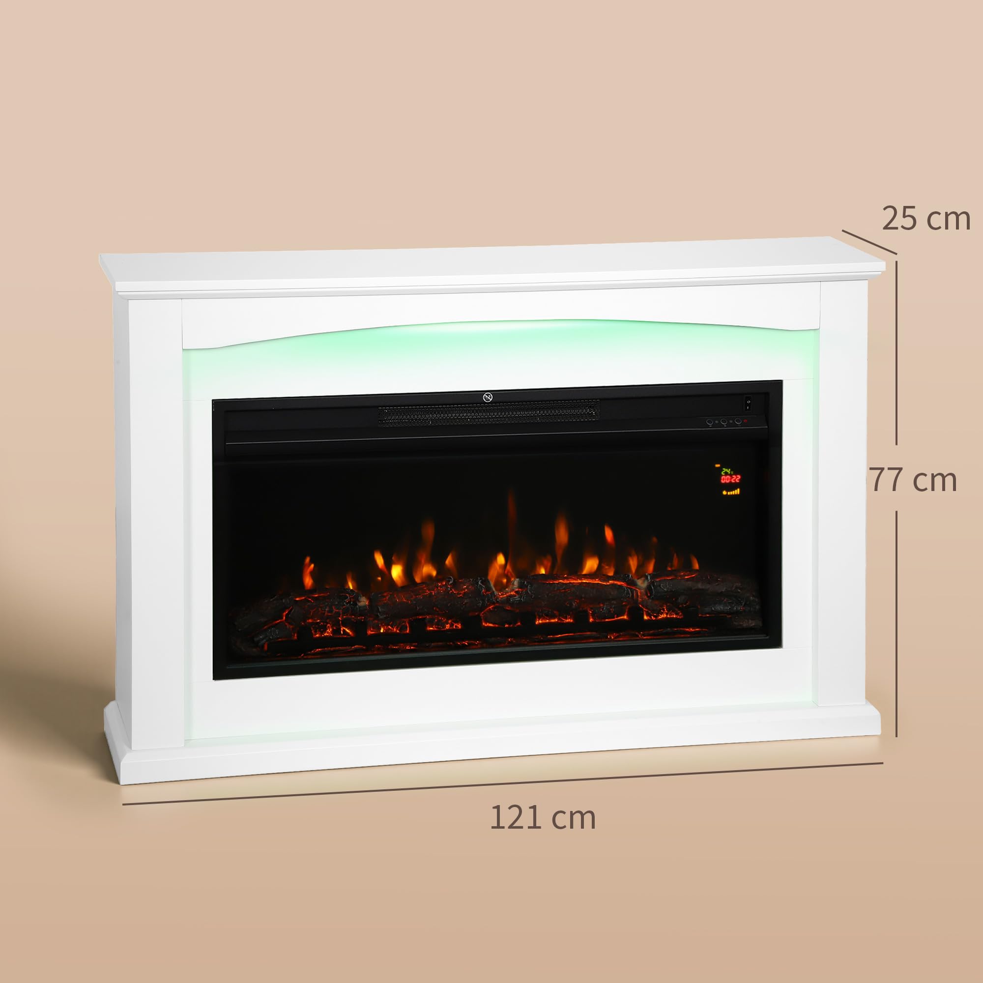 HOMCOM Caminetto elettrico 1000W/2000W, effetto fiamma con 5 luminosità regolabili, finto caminetto decorativo con mantello, termostato regolabile, telecomando, timer, fino a 30 m², bianco