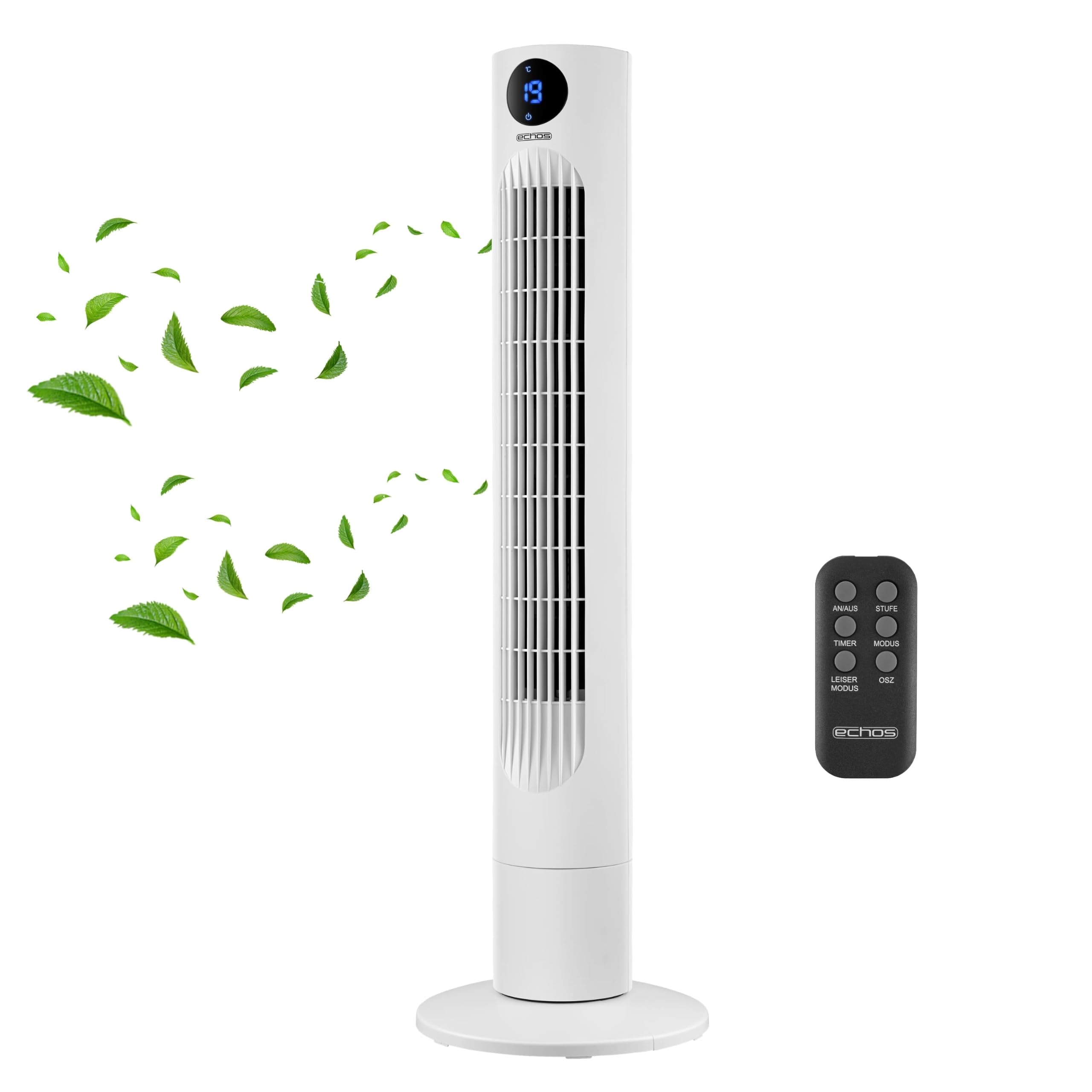 Echos Ventilateur tour très silencieux - Télécommande - Oscillant - Écran LED - 3 niveaux - Ventilateur colonne - Ventilateur sur pied - Refroidisseur d'air - Minuterie 12 h