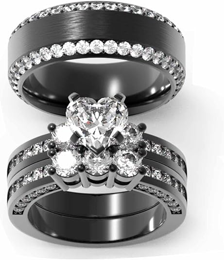 Couple Ring Bridal Set - Women's Black Gold Filled Square CZ Ring & Men's Black Titanium Band, Size 7 & 13