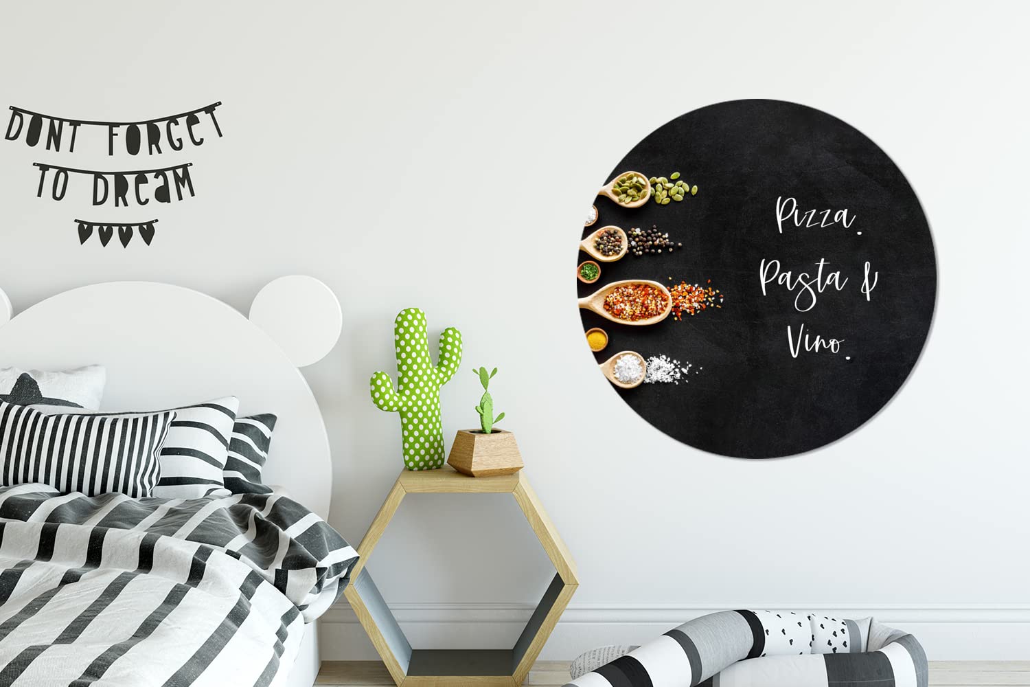 MuchoWow Wandbild Rund Wanddeko Deko Wohnzimmer Bilder 90x90 cm Pizza. Pasta und Wein. - Zitate - Lebensmittel - Gewürze - Sprichwörter