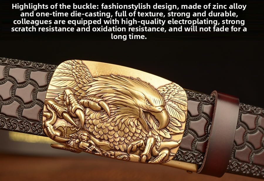 Men's Eagle Buckle Leather Belt - Genuine Cowhide Automatic Clasp Belt for Jeans & Casual Wear (Black/Brown, 4 Color Options)4