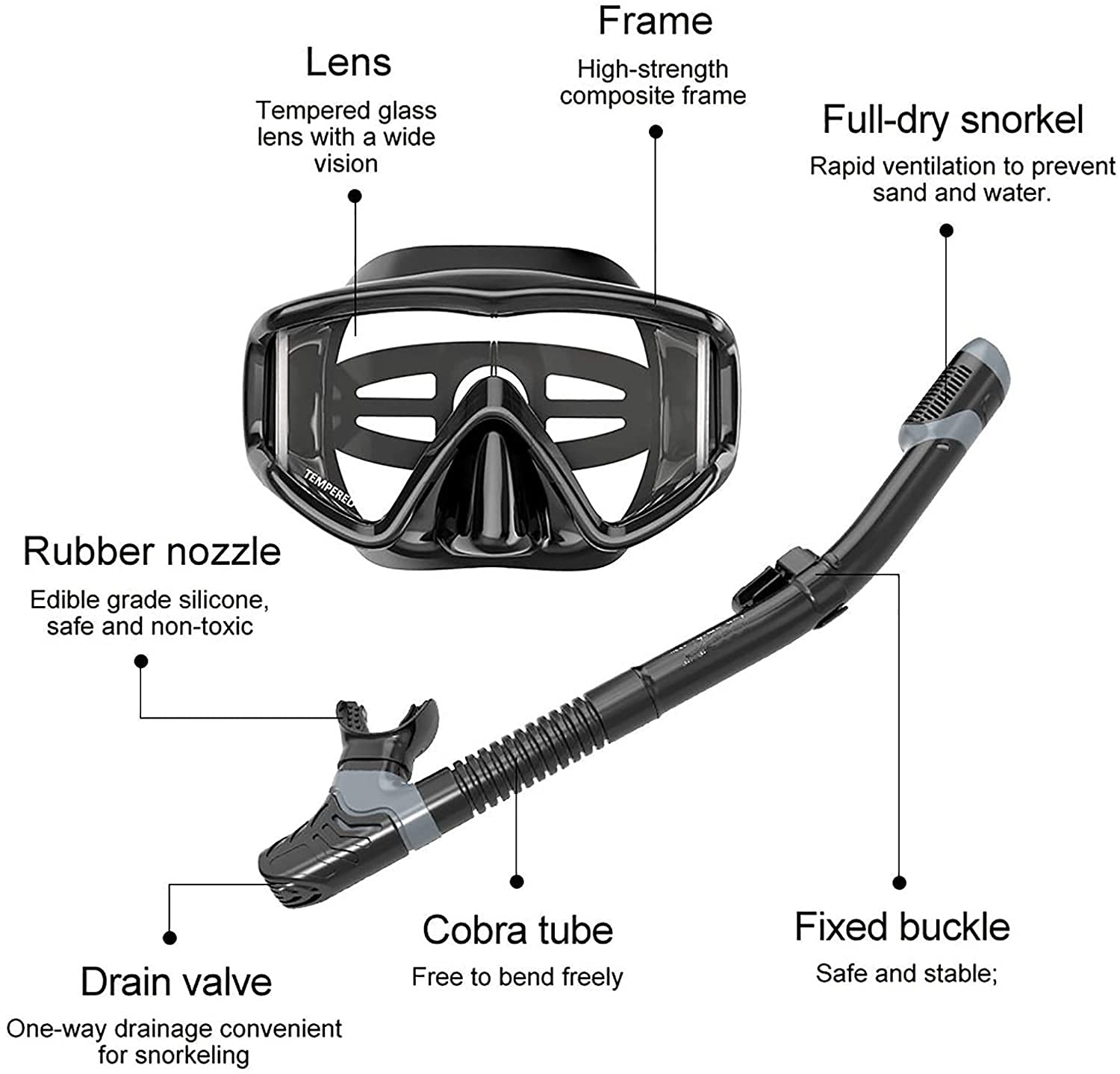 Set Maschera Subacquea Regolabile Grigio Argento ad Ampia Visione con boccaglio Asciutto, Pinne Incluse - Ideale per Immersioni Profonde e Snorkeling