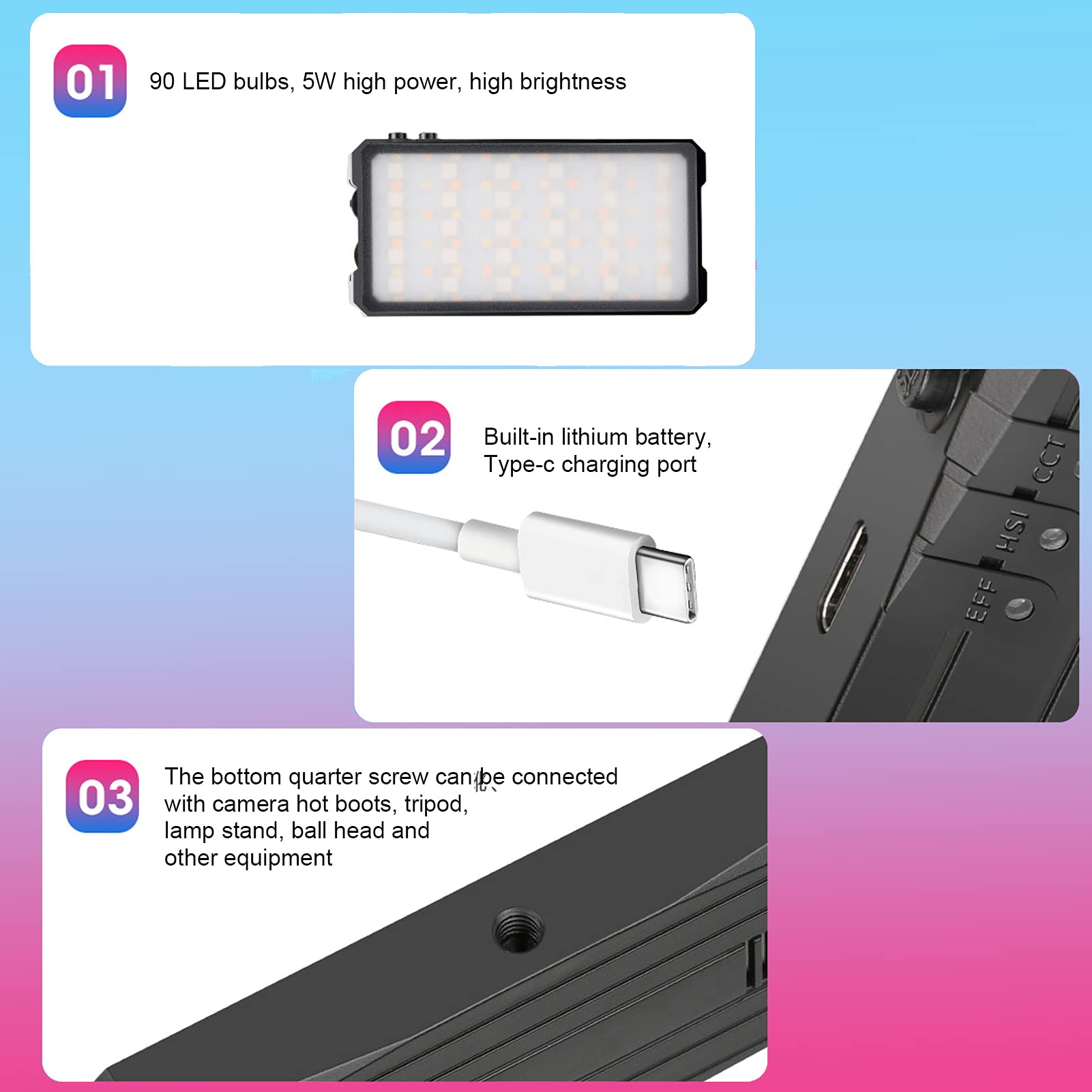 Mini luz de relleno LED, luz de video RGB de color completo Luz de cámara LED Lámpara de bolsillo SLR pequeña recargable de 2300 mAh, con cabezal de bola para zapatos fríos, para disparar y grabar vid