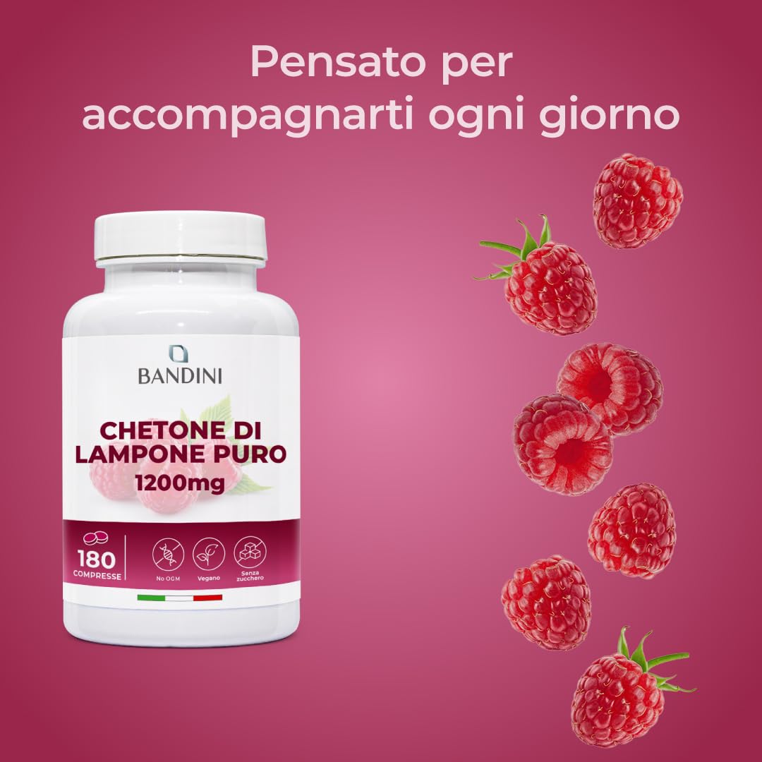 Bandini® Chetoni Esogeni di Lampone Puro 1200mg - Integratore Vegano con 180 Compresse per 6 Mesi - Vegan, Facile da Deglutire - Ideale per Dieta Keto, Low Carb e Stili di Vita Equilibrati
