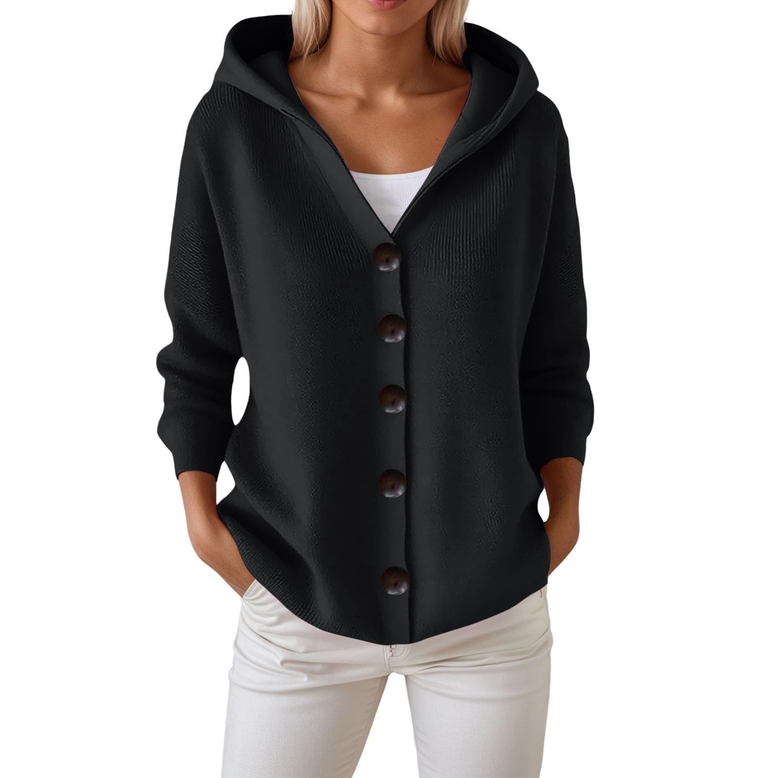 Sweater Hoodies for Women Knit Cardigan Sweaters Button Down V Neck Hooded Jacket Sweaters Fall Casual Outerwear
