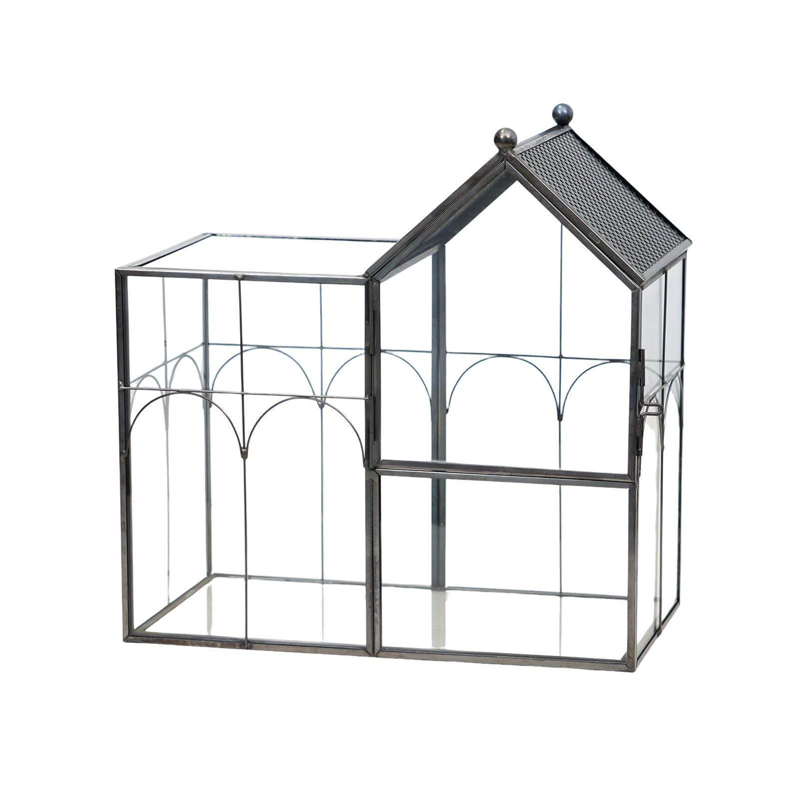 Dekoratives Terrarienhaus für die Wohnraumdekoration, Klarglas Vitrine mit Hausform, zu öffnender Blende und kompakter Glas Terrarium Vitrine mit kleinem Platzbedarf und schwarzem Rahmen mit zu Blende