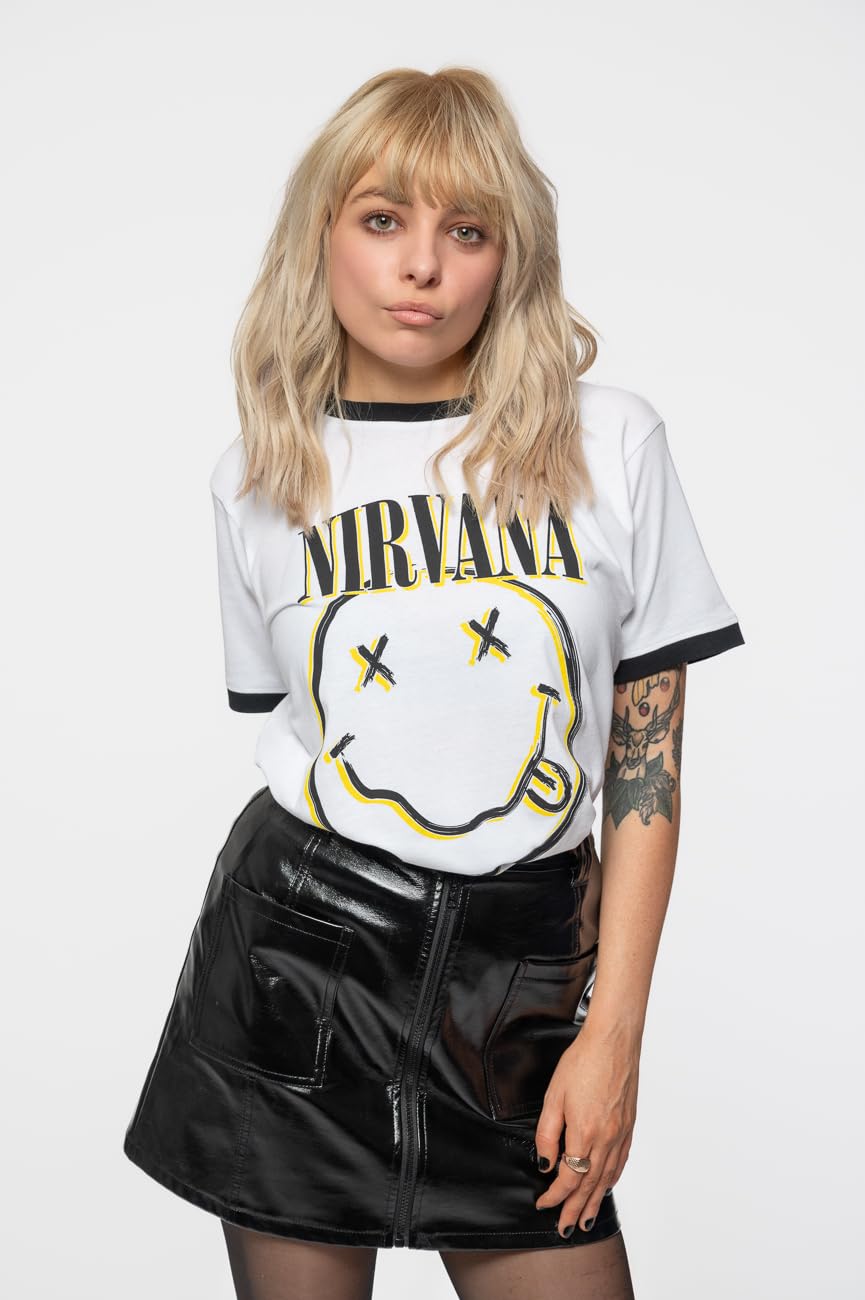 Nirvana Ringer T Shirt Double Smile Band Logo Nouveau Officiel Unisex Blanc