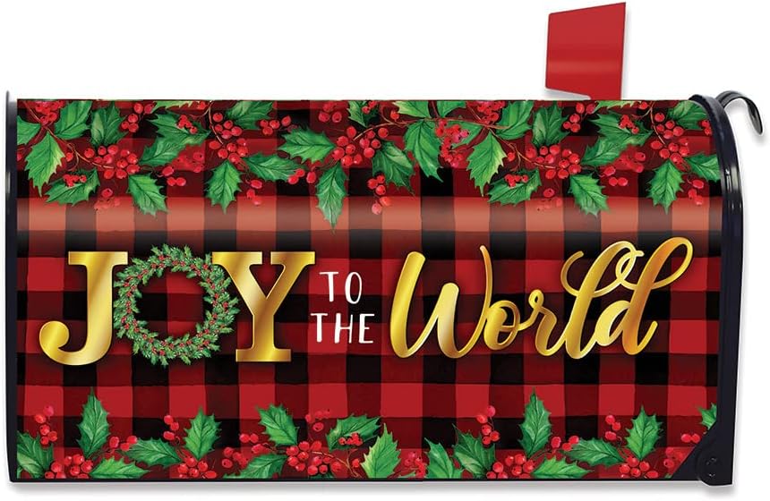 Briarwood Lane Joy to The World Christmas Magnetic Mailbox Cover Checkered Berries Standard