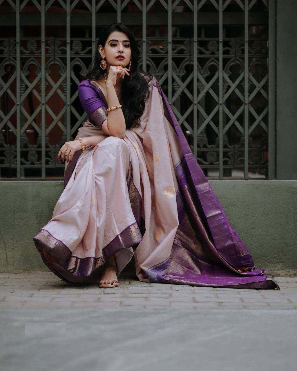 Flosive Women's Beautiful Hot Shine Kanjivaram Wedding Saree With Fancy Blouse (Purple)