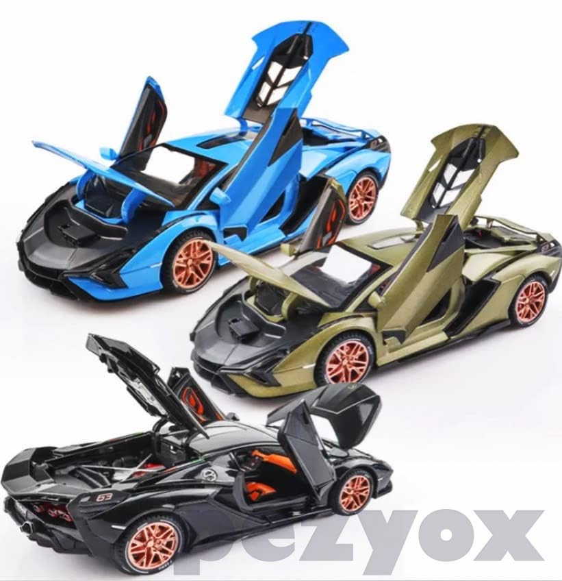 Image of 1 /24 Big Lamborghini SIAN Toy Car Metal Pull Back Diecast Car with Openable Door and Sound Light, Gifts Toys for Kids (Blue)