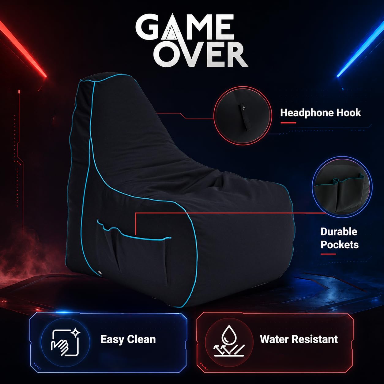 Game Over Poltrona Video Gaming Bean Bag | Puff Poltrona Sacco | per Soggiorni E Interni | Tasche Laterali per I Controller | Supporto per Cuffie | Design Ergonomico (Lich Blade)