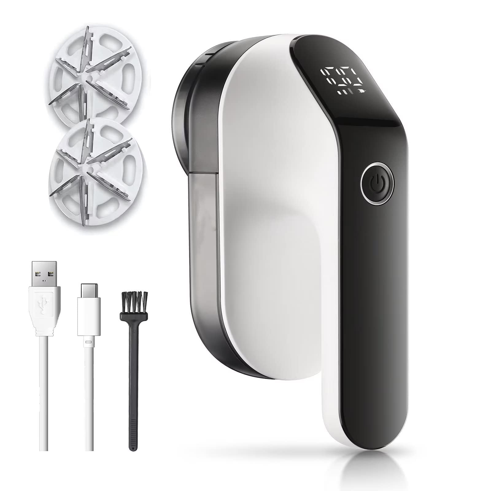 Azonee Electric Fabric Shaver, Rechargeable Lint Remover, Led Digital Display Sweater Shaver with 3-Speeds and 6-Leaf Blades, Fabric Pill Remover for Clothes, Couch and Furniture, White