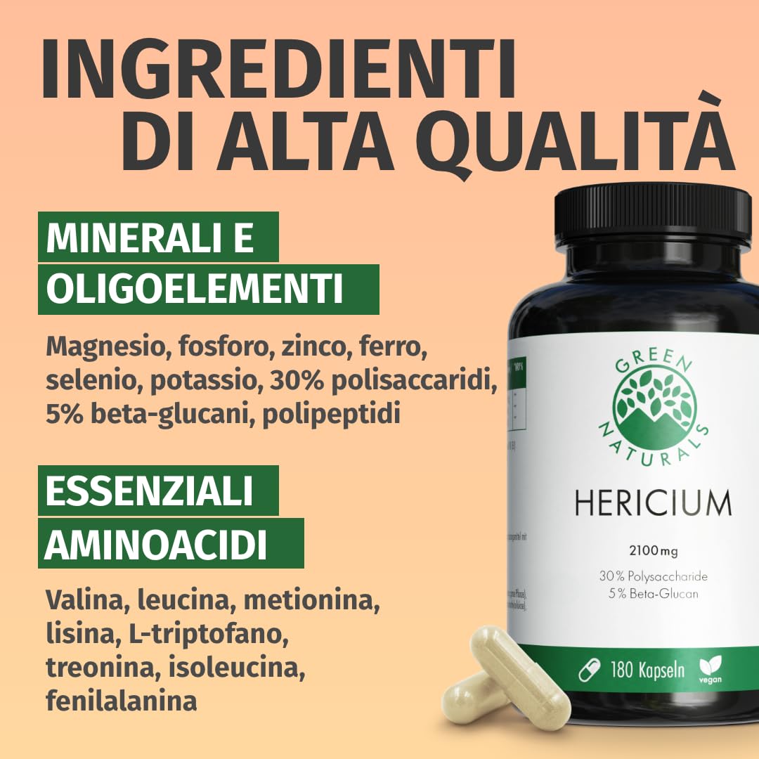 Green Naturals® Lion's Mane – 2100 mg di estratto di Hericium Erinaceus/giorno – 30% polisaccaridi + 5% beta-glucano – Criniera di Leone, vegano & senza additivi – Produzione tedesca – 180 capsule