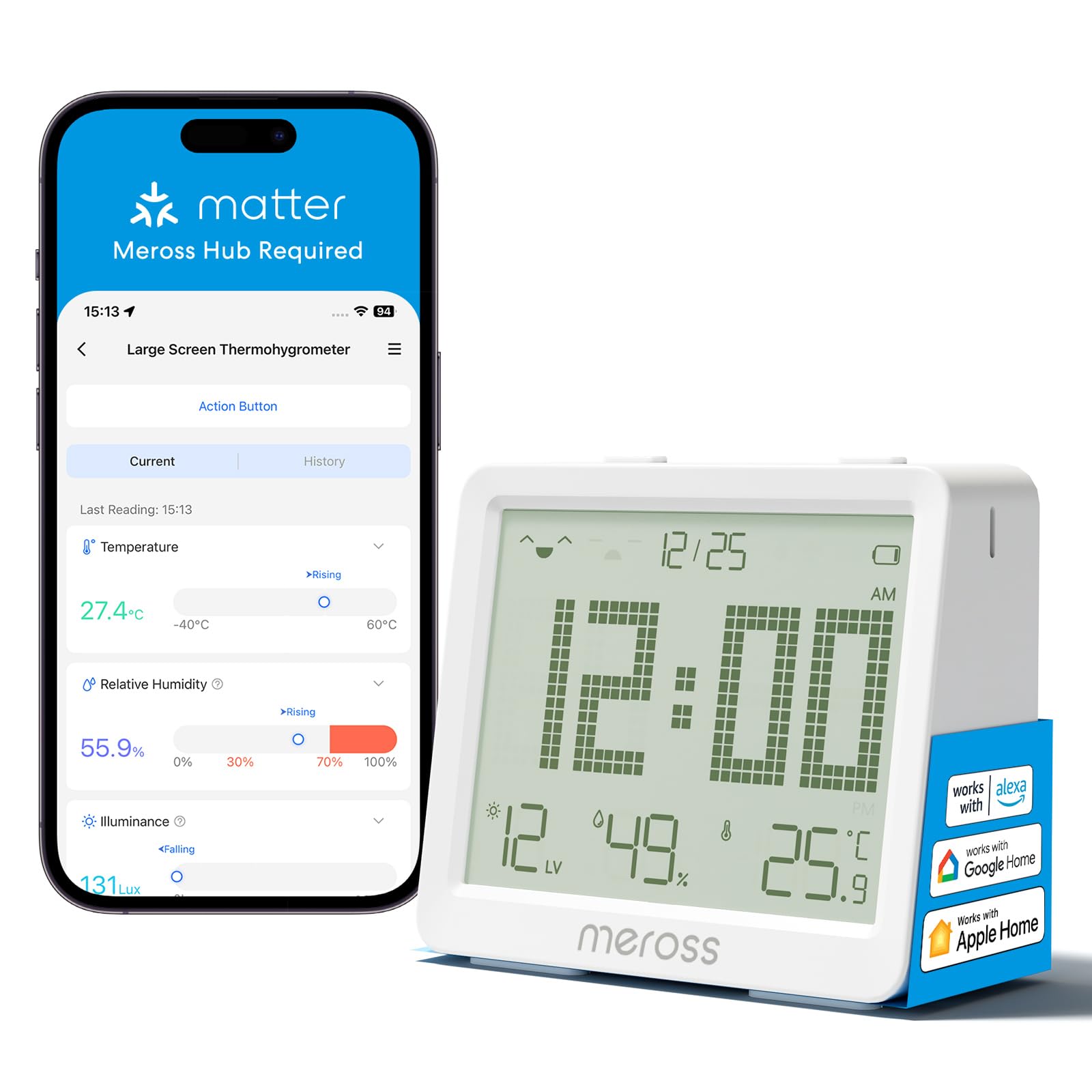 Meross Smart Thermometer Hygrometer, Requires MSH450 Hub, WiFi Room Temperature Humidity Sensor with Alerts for Baby, Greenhouse, Indoor, Compatible with Matter, HomeKit, Alexa, Google Home