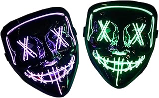 قناع مضيء بإضاءة ليد من ثينك ماكس، عبوة من قطعتين من أقنعة التطهير المخيفة للهالوين، قناع تنكري للهالوين، لون أخضر + أرجواني، قناع