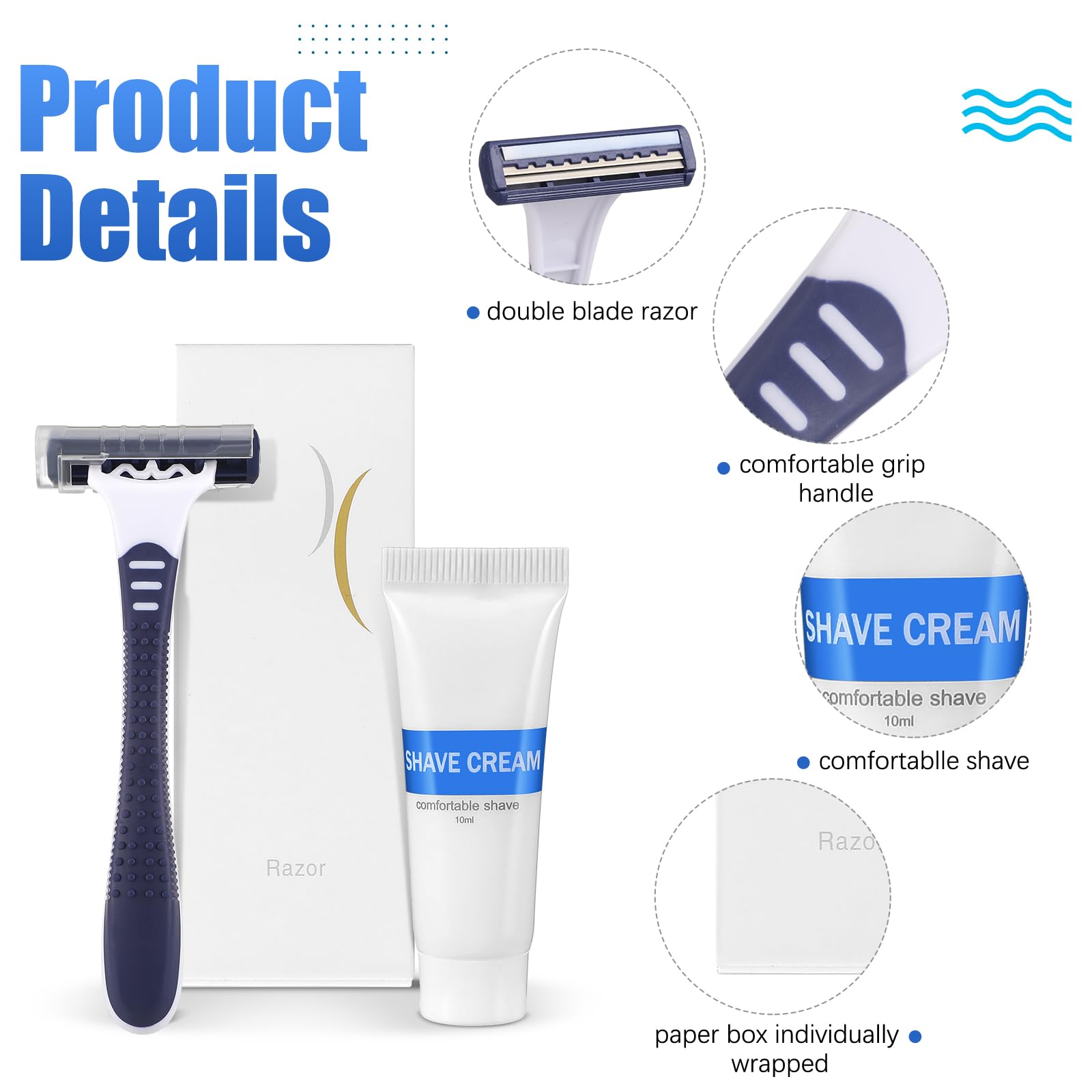 Hushee Kit da barba da viaggio, crema da barba usa e getta con doppia lama e crema confezionati singolarmente, rasoio liscio con cappuccio trasparente, articoli da toeletta per hotel, ripari