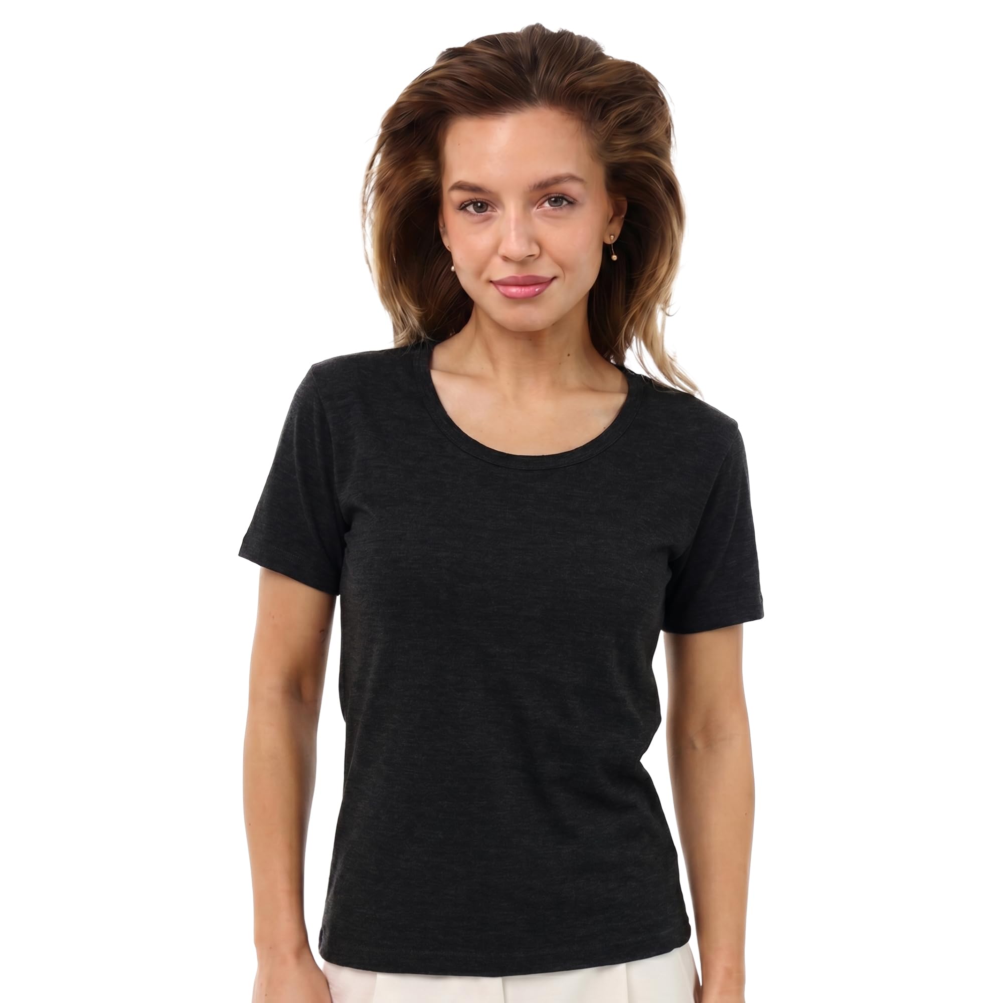 Merino.tech Maglietta Donna Lana Merino Manica Corta Intimo Sportivo (Ebony Gray Scoopneck, M)