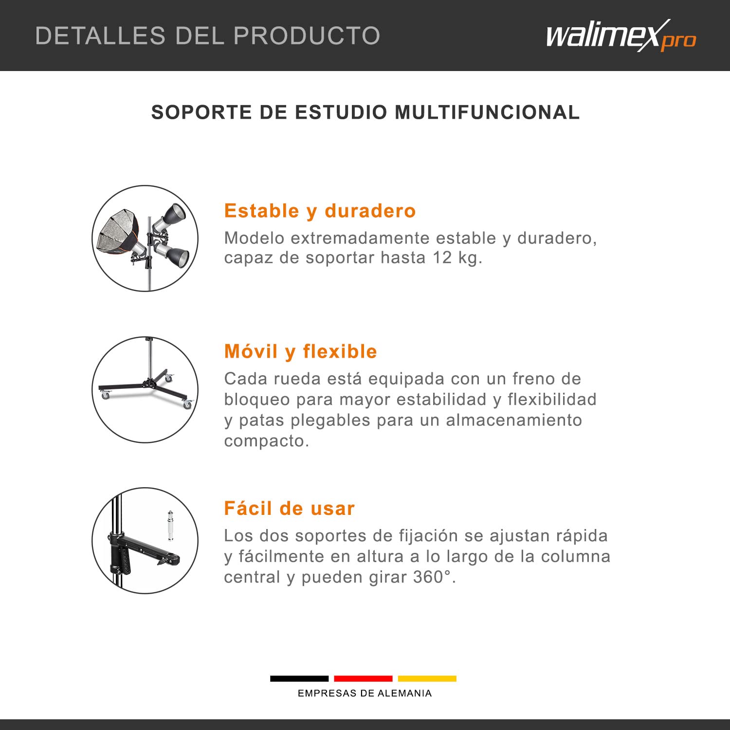 Walimex pro Trípode móvil 223 cm - Trípode de estudio robusto con 2 soportes de abrazadera que se pueden mover rápidamente y ruedas estables, cargable hasta 12 kg - adecuado para la diversa fijación
