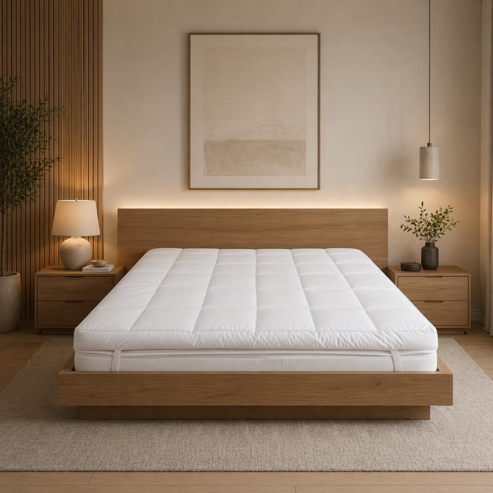 MHG Living Duck Feather Double Mattress Topper 135x190cm, Down-Proof T233 100% Cotton Cover, Box Stitched, Hypoallergenic, Breathable, Elastic Straps - Super Soft Bed Cushioning