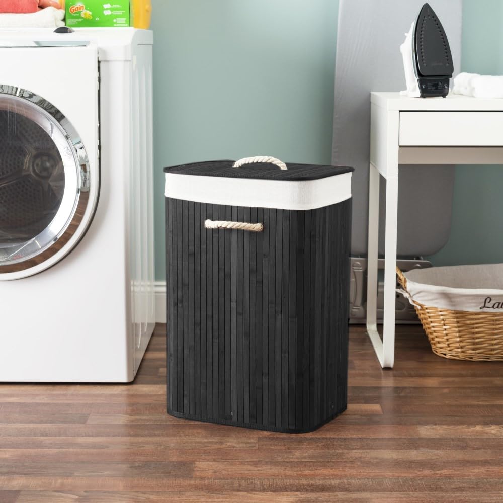 Photo 1 of Bamboo Rectangular Hamper For Clothes (Black), By Home Basics | Dirty Clothes Hamper | Holds Up To Two Loads | Basket With Removable Liner and Lid