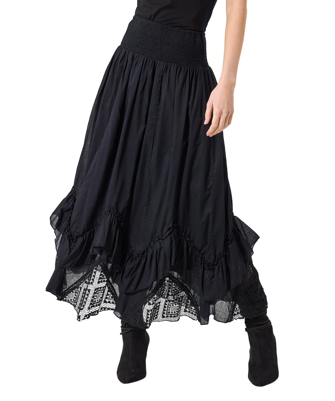 Joe Browns Women's Shirred Waist Lace Godet Cutabout Maxi Skirt, Black, 8