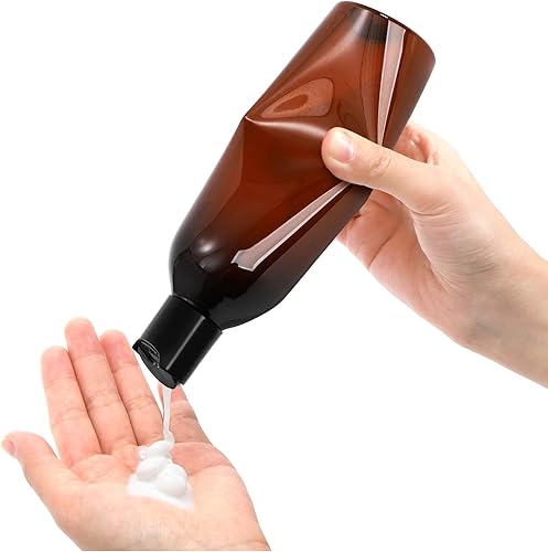 Miniatura 3 de Bekith Paquete de 16 botellas de plástico vacías ámbar de 8 onzas con tapa abatible superior de disco; recipientes recargables sin BPA para champú,