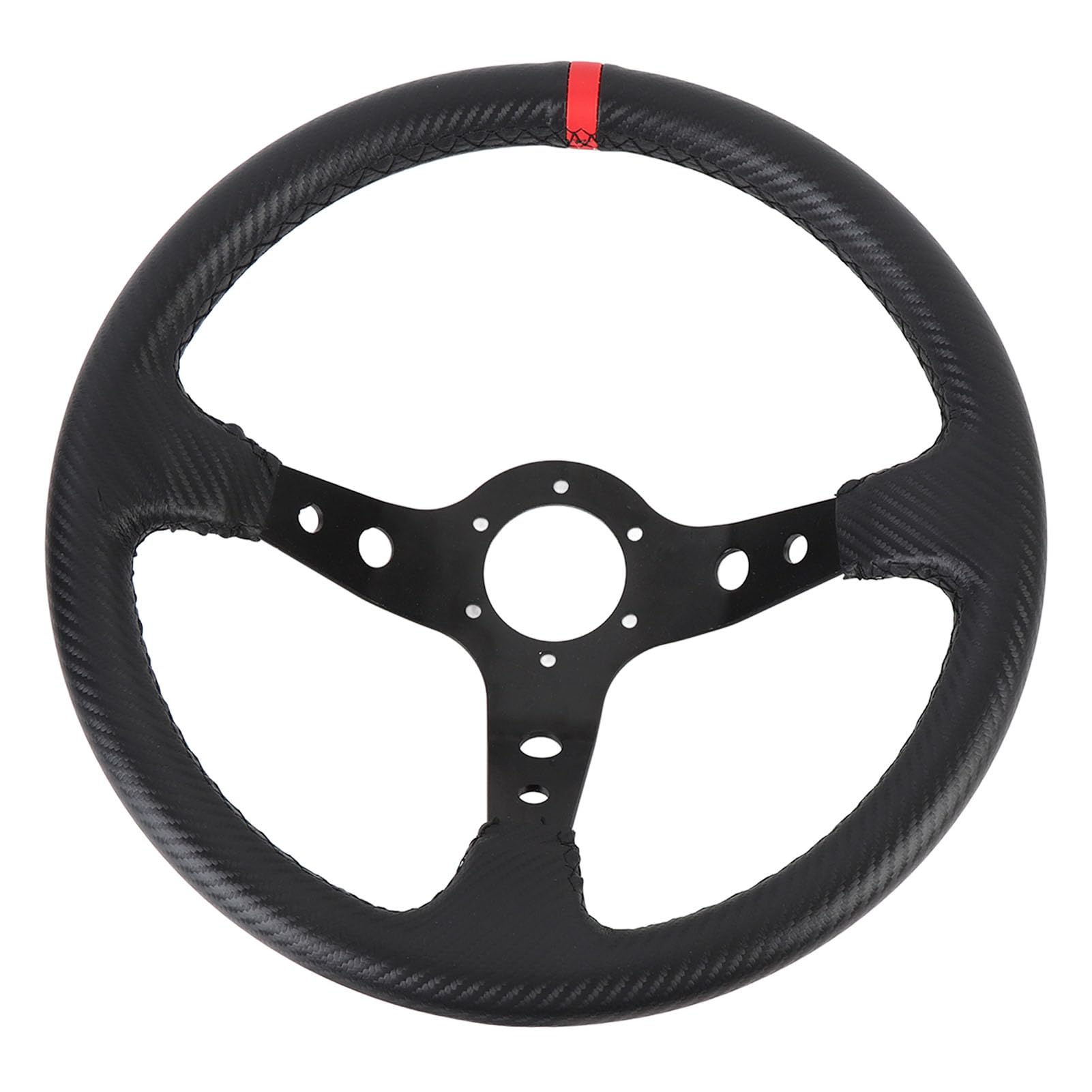 Volant de Course Sportif 14 Pouces Look Carbone Universel en PVC Aluminium avec Bouton de Klaxon pour Adaptateur de Moyeu 6 Trous Rouge pour Voiture de Sport et Dérive
