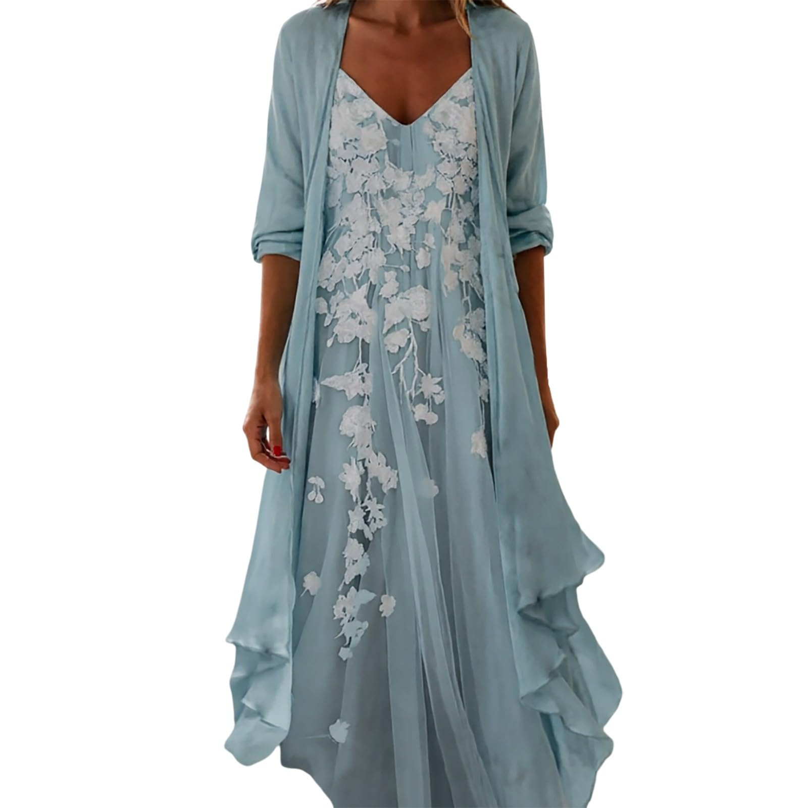 Elegante conjunto de falda larga de dos piezas con estampado floral bohemio para ocasiones cálidas con cuello en V bordado y chaqueta a juego