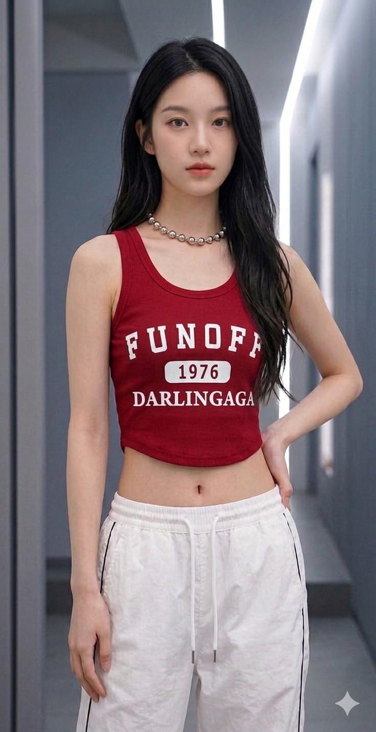 flirty touch Women's Ribbed Knit Crop Tank Top, Sleeveless, FUNOFF 1976 DARLINGAGA Graphic Print, Fitted, Black, Pink, Red-picture-17